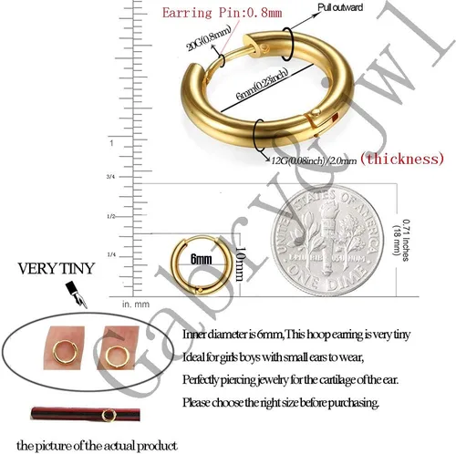 Miniatura 3 de Aretes de acero inoxidable 316L, argollas de 1564, 516, 2564, 716, 1532 y 3564 pulgadas, arracadas hipoalergénicas, para el cartílago, hélix