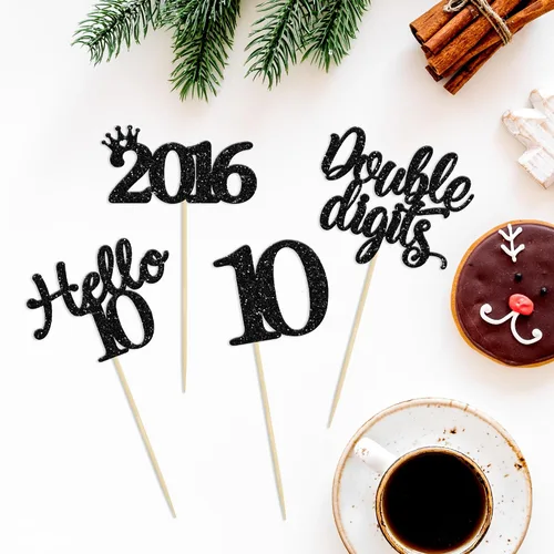 Miniatura 3 de Gyufise Paquete de 24 adornos negros para cupcakes de 10.º cumpleaños con purpurina negra 10 Ten Hello 10 Dights dobles desde 2015 para decoraciones