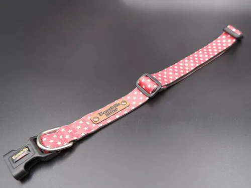 Handmade Red White Stars Dog Collar - Tontik Shop Colorful wide collar for dogs made of woven fabric - 3 Sizes - For small, medium and large dogs -