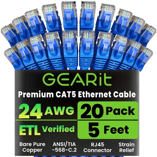 GearIT Paquete de 20 cables de conexión Ethernet Cat5e de 5 pies, cable de red LAN RJ45 sin enganches, color azul