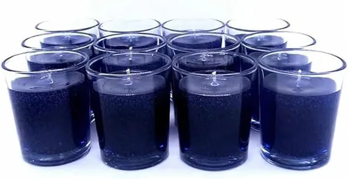 Caja de doce velas votivas a base de aceite mineral sin perfume de color azul marino transparente de hasta 25 horas cada una de combustión limpia