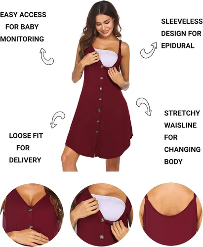 Miniatura 2 de Ekouaer Camisón de lactancia para mujer, vestido de maternidad con botones, camisón sin mangas, ropa de dormir para lactancia materna, vestido