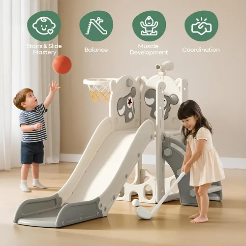 Miniatura 2 de Mloong Tobogán 6 en 1 para niños pequeños – Tobogán para niños pequeños de 1 a 3 años, para interiores y exteriores, con aro de baloncesto mejorado