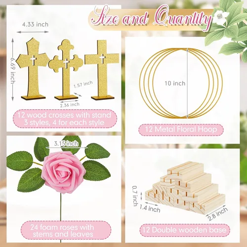 Miniatura 2 de Wesiti 48 piezas Centro de mesa para bautizo, decoración de mesa para primera comunión, 12 cruces de madera, 12 aros florales con soporte, 24 rosas