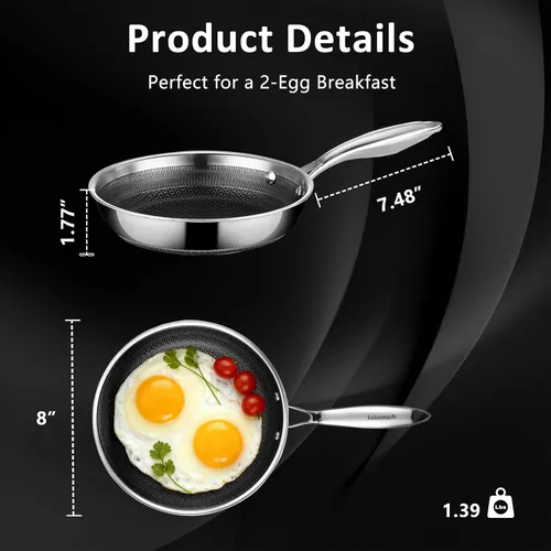 Miniatura 7 de SAKAMOSH Sartén antiadherente de 20,32 cm, sartén híbrida de cerámica y acero inoxidable, sartén con mango resistente al calor, no tóxica, libre