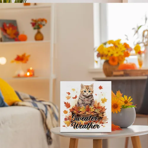 Miniatura 6 de Decoración de otoño para el hogar, decoración de otoño, suéter de madera, letrero de madera de arce y gato, decoración interior para escritorio