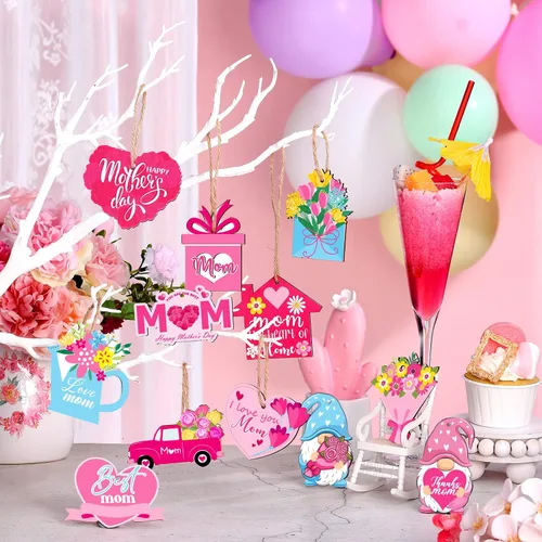 Miniatura 3 de Patelai 36 Piezas Adornos del Día de la Madre para Árbol Gnomo Rosa Floral Flores Mejor Mamá Amo a Mamá Letrero de Madera Decoraciones de Árbol