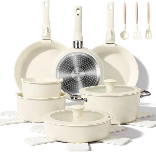 Miniatura 10 de Ammeloo Juego de utensilios de cocina de cerámica acanalada de 15 piezas, juego de ollas y sartenes antiadherentes, listo para inducción, juego