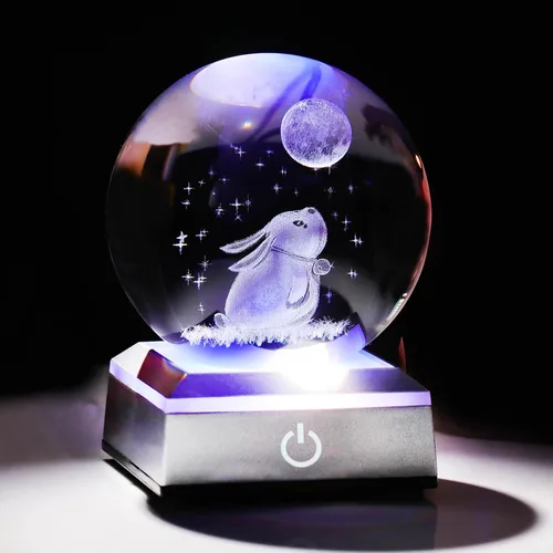 Figura de bola de cristal grabada en 3D de conejo y estrellas de luna de 3.15 pulgadas con base de luz LED, decoración de esfera de conejo de