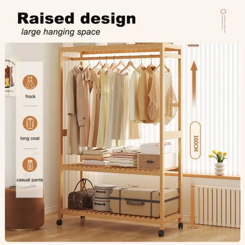 Miniatura 2 de Bamboo Wardrobe/Clothes Rail/Clothes Rack/Garment Rack,Free Standing Clothes Rail with Wheels,Open Wardrobe with Shelves,for Entryway Living Room