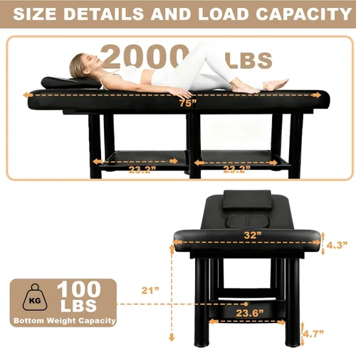 Miniatura 2 de Mesa de masaje estacionaria de 32 pulgadas de ancho, cama de masaje resistente de 2000 libras, cama de pestañas con respaldo ajustable, cama de spa