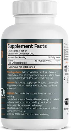 Miniatura 2 de Bronson Vitamina D3 5000iu (125mcg) Suministro de 1 año para una función muscular saludable y apoyo inmunológico, sin OMG, 360 tabletas
