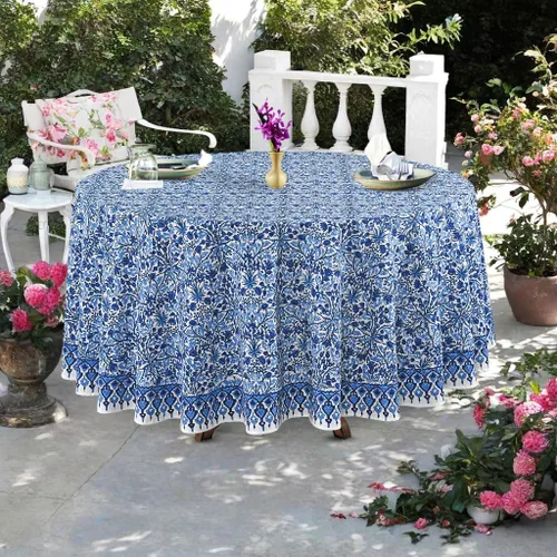 Miniatura 27 de Ridhi Mantel redondo de algodón reutilizable con estampado de bloque a mano, color verde espárragos, 60 pulgadas, mantel decorativo para uso diario