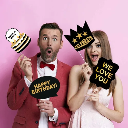 Miniatura 6 de Juego de 29 piezas de accesorios para cabina de fotos de cumpleaños con divertida corona, sombreros, barba y cara feliz, bigote para niños, cabina