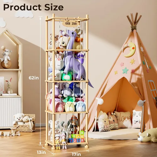 Miniatura 2 de Organizador de almacenamiento de animales de peluche, estante de almacenamiento de juguetes de madera de pino macizo con estantes extraíbles