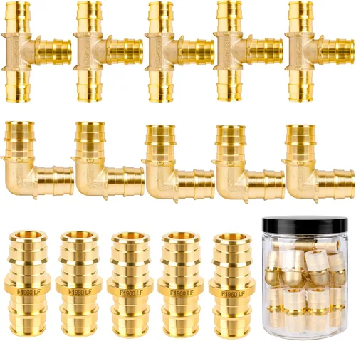 Miniatura 15 de PEX-A - Paquete combinado de accesorios de expansión – 1/2 pulgada en T y codo, paquete de 10 (5 T + 5 codos), latón sin plomo, compatible