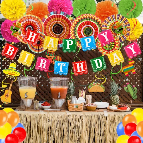 Miniatura 7 de Cartel de feliz cumpleaños con temática mexicana, pompones de papel, para fanáticos de México, decoraciones de fiesta, globos, decoraciones de fiesta