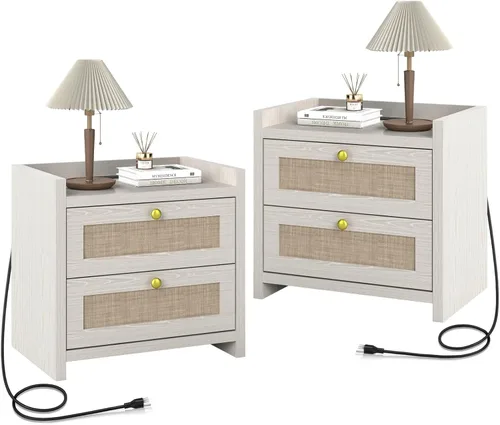 LubanNese Juego de 2 mesitas de noche de 23.6 pulgadas, mesa de noche de madera bohemia con estación de carga para dormitorio, mesitas de noche