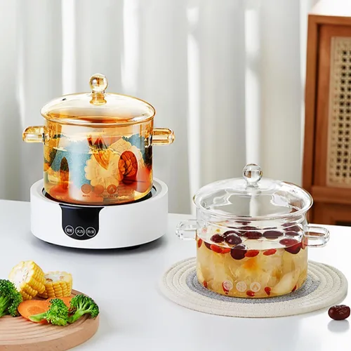 Miniatura 8 de Olla de vidrio transparente para estufa, sartén de doble asa con tapa para fideos de pasta, sopa, leche, preparación de alimentos para bebés o Ámbar