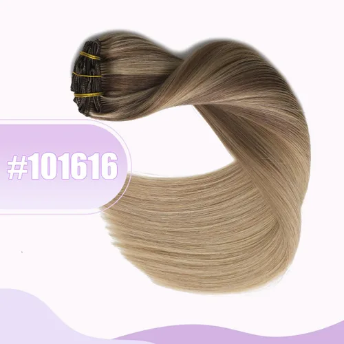 Miniatura 5 de Sindra Extensiones de cabello humano con clip, balayage #10/16/16 de color marrón dorado a rubio claro, extensiones de cabello humano Remy con clip