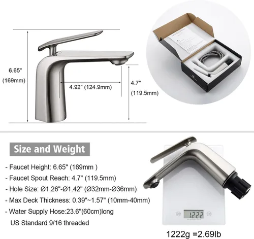 Miniatura 6 de TOCALOCA Grifo de baño de 1 mango, grifo de fregadero de níquel cepillado, grifo de fregadero de baño de un agujero, grifo mezclador de lavabo