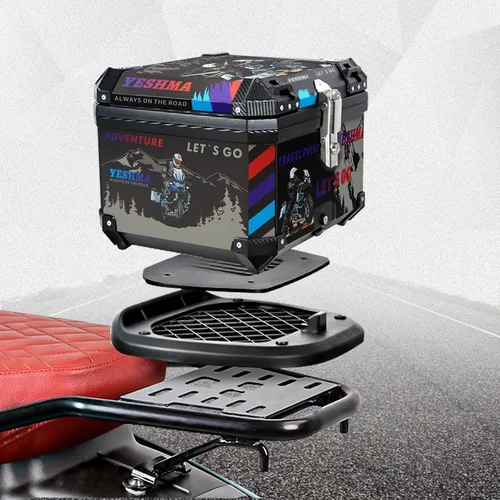 Miniatura 4 de Baúl Superior para Motocicleta, 45L Caja Trasera Universal para Motocicleta, Estilo Graffiti Deportivo Baúl Superior para Motocicleta con Respaldo