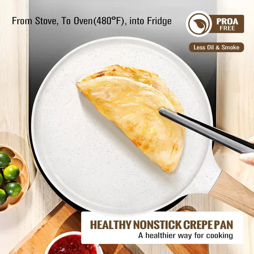 Miniatura 6 de SouxMux Sartén antiadherente para crepas de 8 pulgadas con esparcidor, sartén Dosa Tawa recubierta de cerámica, sartén plana compatible con Blanco