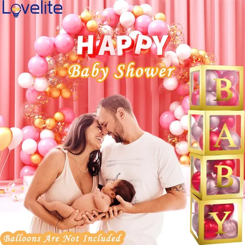 Miniatura 3 de Cajas de bebé con letras para baby shower, 4 cajas de globos transparentes con 60 letras para decoraciones de revelación de género, bloques de bebé