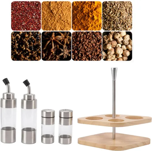 Miniatura 8 de Cyrank Juego de salero y pimienta, dispensador de aceite de oliva y vinagre con soporte de madera, dispensador de especias de vidrio para el hogar