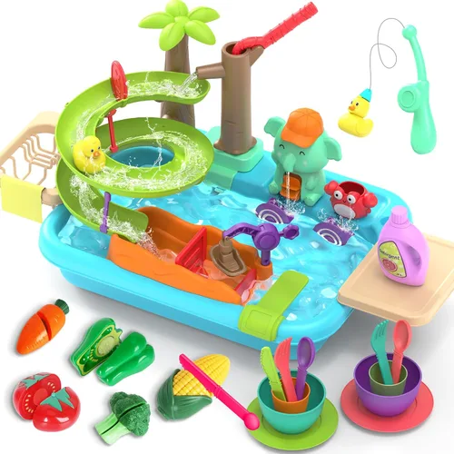 Miniatura 8 de 4-en-1 Juguetes de fregadero de cocina con agua corriente para niños, juguete de mesa eléctrica que cambia de color con animales, alimentos, Azul