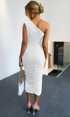 Miniatura 6 de LAGSHIAN Vestido de fiesta sexy ajustado con un hombro descubierto para mujer, sin mangas, fruncido, midi