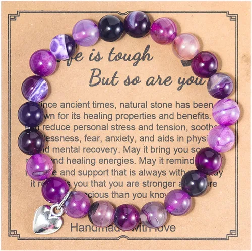 COLORFUL BLING Pulsera curativa de amatista con corazón de piedra natural Life is Tough But So Are You, pulsera inspiradora, regalos de amor