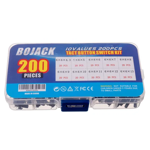 Miniatura 3 de BOJACK 10 Valores 200 Unids 0.236x0.236 in Interruptores de Botón Táctil 4 Pin Momentario Pulsador Interruptor Surtido Kit