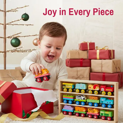 Miniatura 7 de Montessori - Juego de juguetes de tren de madera para niños, 12 vagones magnéticos de tren con caja de regalo de almacenamiento, juguete educativo