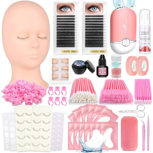 Miniatura 12 de Kit de extensión de pestañas para principiantes, juego de suministros profesionales para extensión de pestañas con cabeza de maniquí, pegamento