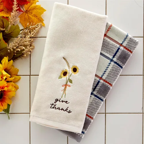 Miniatura 4 de SKL Hocme - Juego de 2 toallas de mano bordadas jacquard 100% algodón para otoño, otoño, Acción de Gracias, decoración para baño, cocina, bar