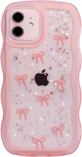 Miniatura 28 de Qokey Funda para iPhone 12 Pro Max de 6.7 pulgadas, diseño de onda rizada, borde transparente, brillante con purpurina, estrella brillante, bonita