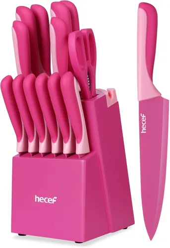 hecef Juego de cuchillos de cocina de 15 piezas con bloque de madera con afilador integrado, apto para lavavajillas, juego de bloques de cuchillos