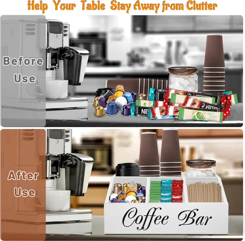 Miniatura 6 de ugiftt Organizador de estación de café para mostrador, cesta de almacenamiento de cápsulas de café de madera, organizador de almacenamiento