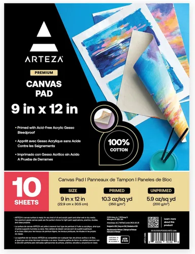 ARTEZA Bloc de lona de 9 x 12 pulgadas, paquete de 1 – 10 hojas de papel de lienzo preimprimado para pintura acrílica, óleo y mixta