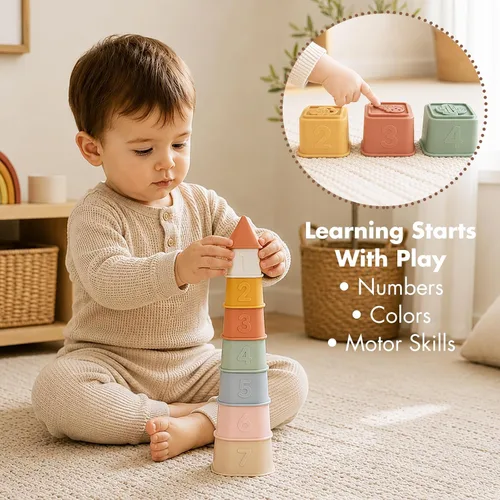 Miniatura 6 de Tazas Apilables para Bebés, Juguetes de Apilar de Silicona, Torre Educativa de Construcción para Bebés 6M+, Bloques de Construcción Blandos