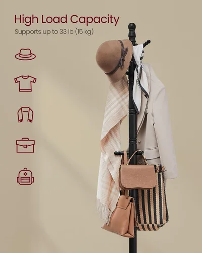 Miniatura 3 de VASAGLE Perchero de madera maciza y soporte, árbol de pasillo independiente con 10 ganchos para sombreros, bolsos, carteras, para entrada, pasillo