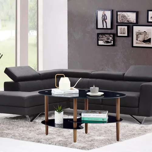 Miniatura 7 de Mesa de centro de cristal, mesa de centro ovalada en sala de estar con patas de madera de roble y vidrio de 2 niveles (transparente), mesa de té