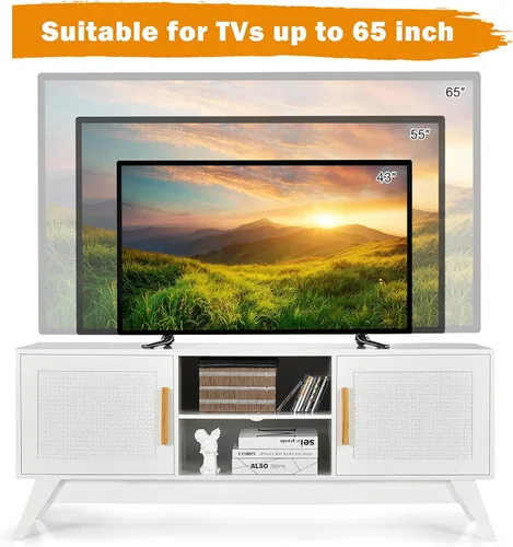 Miniatura 8 de Tangkula Soporte de TV de ratán para televisores de hasta 65 pulgadas, centro de entretenimiento, estante ajustable de 3 niveles, 2 gabinetes
