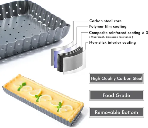 Miniatura 4 de Webake Sartén para tartas con parte inferior extraíble, sartén rectangular de 14 pulgadas para quiche perforada, bandeja antiadherente para hornear