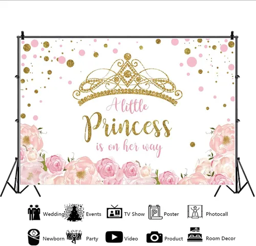 Miniatura 3 de YongFoto Telón de fondo para baby shower con corona dorada de 7 x 5 pies para fotografía floral rosa con texto en inglés "A Little Princess is On