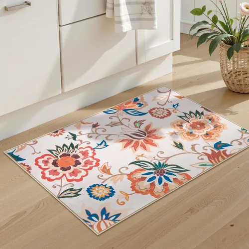 Miniatura 2 de Beeiva Alfombras florales de entrada, lavables para interiores, ultra fina, de 2 x 3 pies, antideslizante, para cocina, tapete de cachemira suave