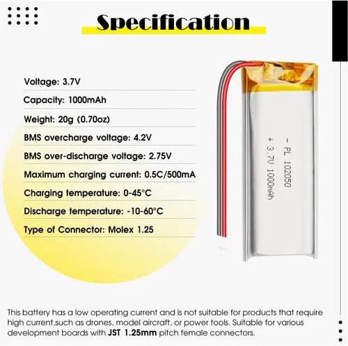 Miniatura 3 de 102050 3.7V 1000mAh LiPo Batería - Batería recargable de polímero de litio con placa de protección y conector Micro JST 1.25 para dispositivo