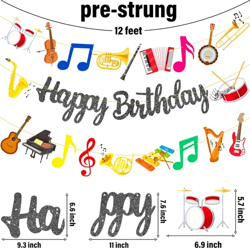 Miniatura 5 de Cartel de fiesta de cumpleaños con purpurina negra para instrumentos musicales, guirnalda de instrumentos musicales para tema de músico, suministros