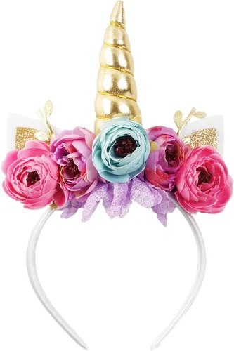 Miniatura 10 de Nishine Diadema de cuerno de unicornio con purpurina para niñas, diadema de camelia pony, banda para el pelo de flores, tiara para fiesta, regalo
